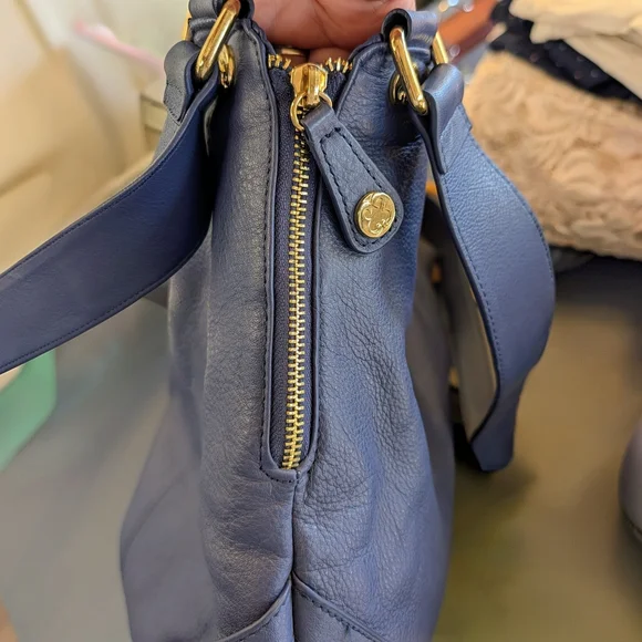 EMMA FOX Navy Genuine Leather Frame-Top Shoulder Bag Vintage-inspired Kiss-Lock - Picture 12 of 15